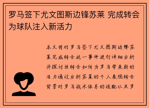罗马签下尤文图斯边锋苏莱 完成转会为球队注入新活力