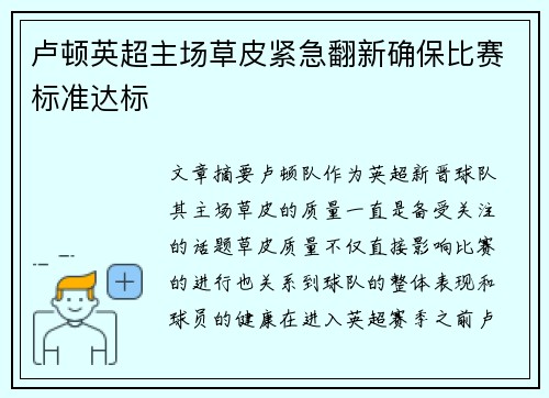 卢顿英超主场草皮紧急翻新确保比赛标准达标 卢顿英超主场草皮紧急翻新确保比赛标准达标