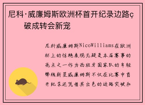 尼科·威廉姆斯欧洲杯首开纪录边路爆破成转会新宠 尼科·威廉姆斯欧洲杯首开纪录边路爆破成转会新宠